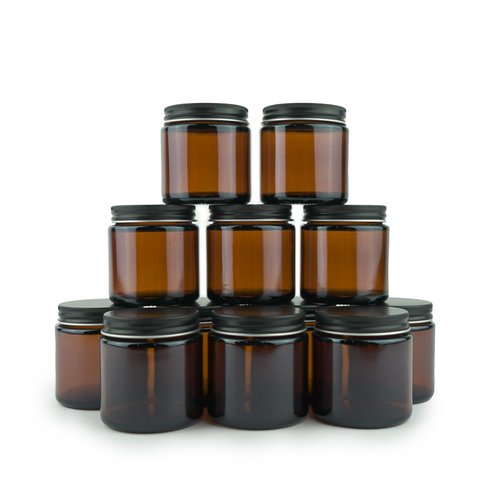 Nature Packaged Glass Amber 4oz Jar - 12 Packs, Empty Round Jars For Beauty Products, Lotion, and Powders - Black Lid - Small Candle Jars