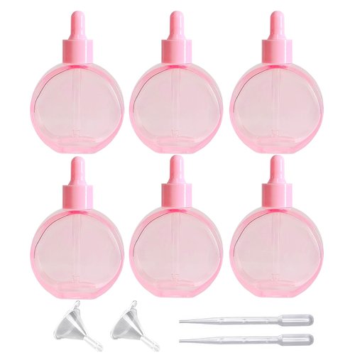 PYAWI 6Pcs, 2 oz Glass Dropper Bottles for Essential Oils ，60ml Pink flat round perfume bottle with Eye Droppers， for Essential Oils, Perfumes, Serums - Leakproof for Travel (A-Pink)
