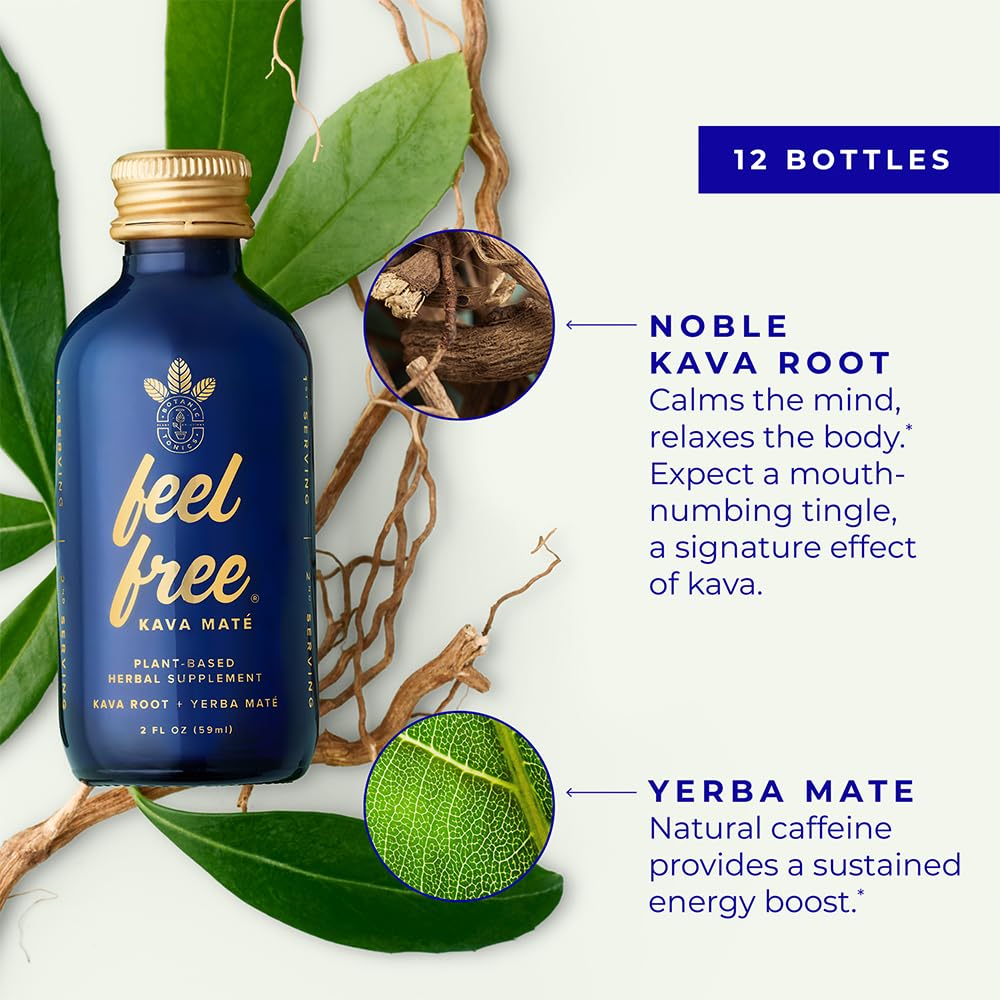 Botanic Tonics feel free Kava Mate - Natural Energy with Kava Root and Yerba Mate - Mood Boost & Sustained Energy - Improved Flavor - Pack of 12 (24 Servings)