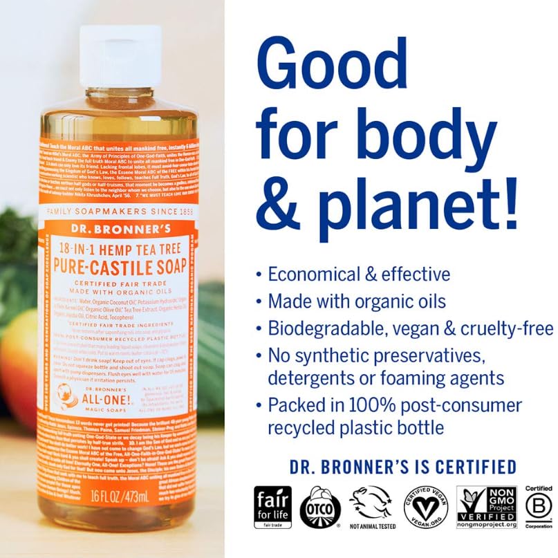 Dr. Bronner's Pure-Castile Magic Soap Liquid (Tea Tree, 16 Ounce, 2-Pack)-Made with Regenerative Organic Certified Oils, 18-in1 Uses: Face, Hair, Hand & Body Soap, Laundry- Concentrated, Vegan