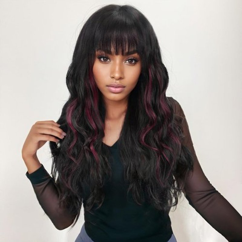 BESSY HAIR Black Wig with Burgundy Highlight Wig with Bangs Long Wavy Wigs for Women 22 Inch Wavy Curly Synthetic Wig Daily Party Cosplay Use