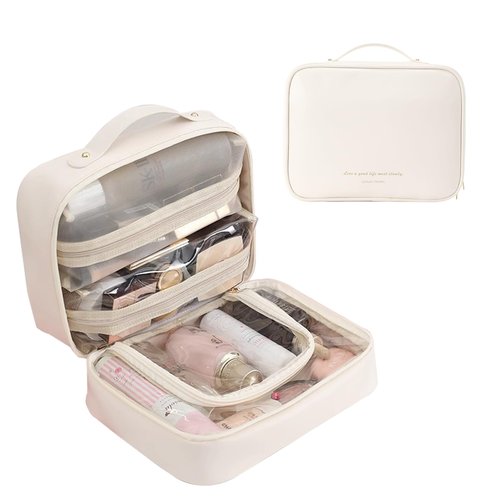 Doblopup Multi Compartment Toiletry Cosmetic Bag, PU Large makeup bag with compartments, Set Patient Multi Compartment Toiletry Cosmetic Bag For Women Girls Travel makeup bag with compartments (white)