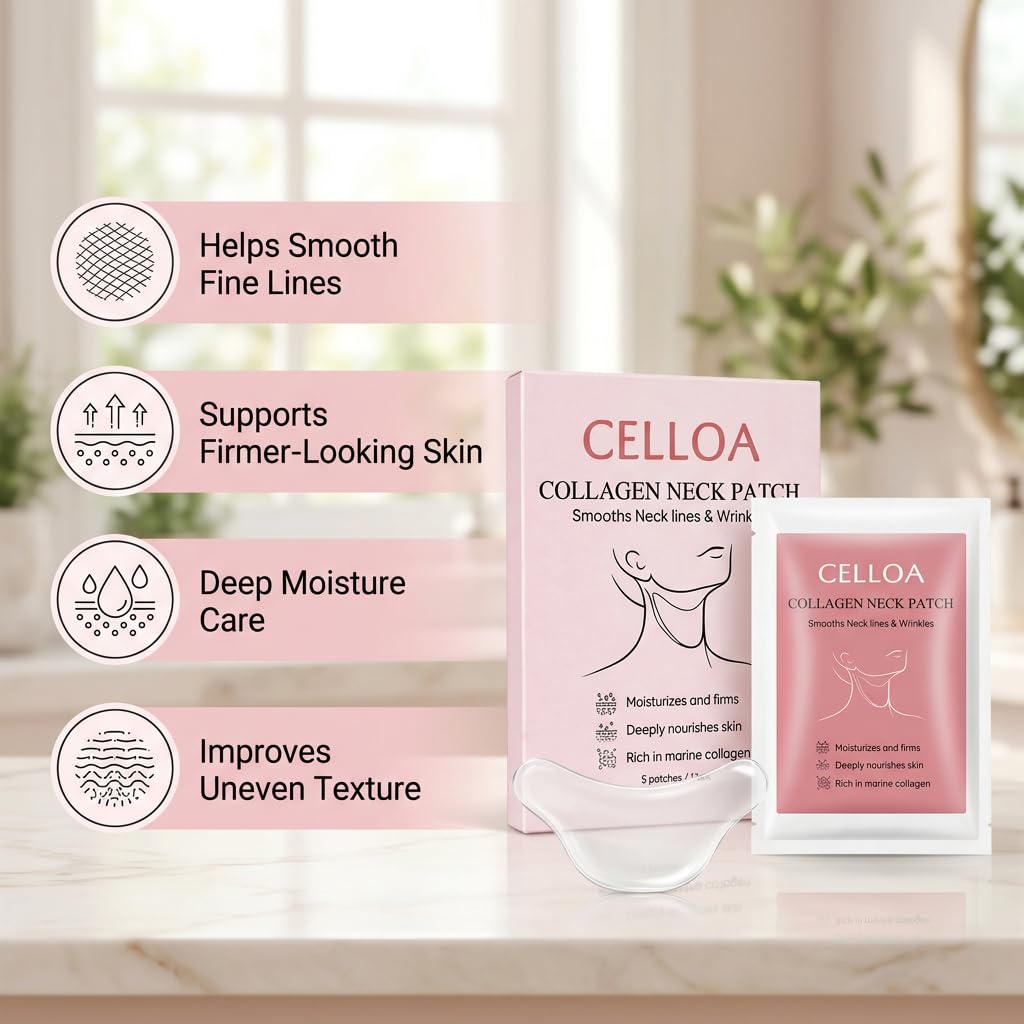 Derperzi Celloa Neck Patch, Collagen Neck Wrinkle Patches, with Peptide + Hyaluronic Acid, Tighten Sagging Wrinkles, Anti Aging & Deep Hydration, 5 Pairs/Box