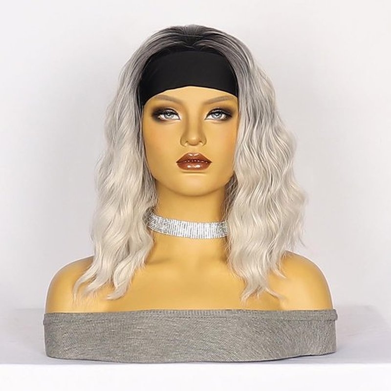 Short Wavy Bob Headband Wig Gray Headband Wigs for Black Women Natural Hairline Bob Wig Glueless Shoulder Length Synthetic Wig (Gray)