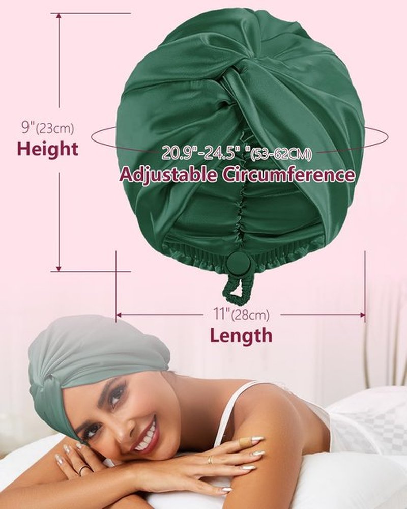 HFRHTGY Adjustable Silk Satin Hair Bonnet for Sleeping, Double Layer Hair Wrap Sleep Cap Turban for Women Men, Curly Straight Hair Long Large Braid Unisex (Forest Green 26)
