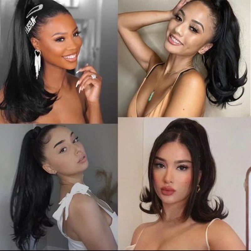 JVILO Drawstring Ponytail Extensions yaki Ponytail Curly ends Natural Wavy Synthetic Curly Clip Pony Tails 14inch Ponytail Black Women(14inches, 1B-30)