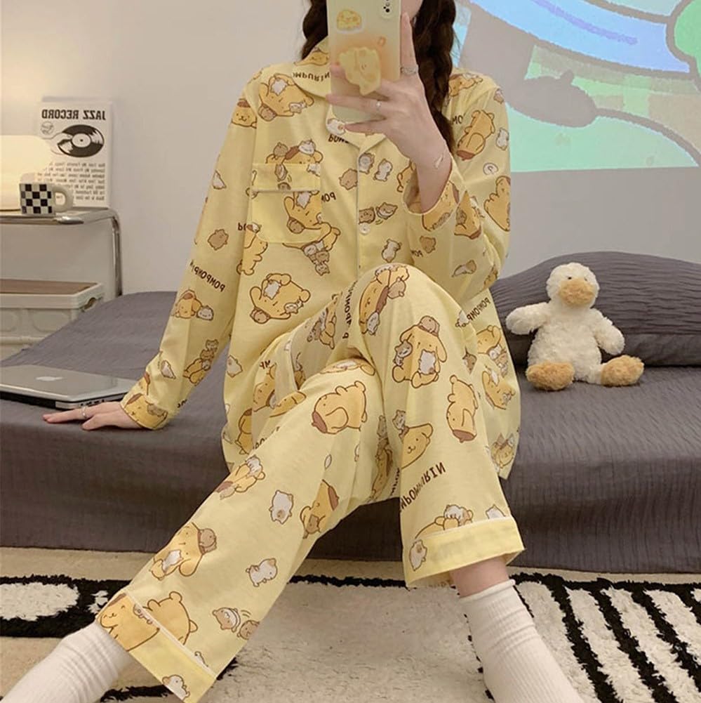 WANHONGYUE Cartoon Printed Pajamas for Women Girls Long Sleeve Shirt with Pj Pants Sleepwear Home Wear 2 Piece Pajama Sets Yellow M