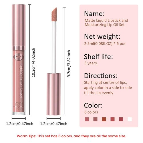 JUAAZIN 5Pcs Matte Liquid Lip Sticks + 1Pcs liquid lip oil set, Dusty Pink Rose Taupe Light Brown Pale Carmine Rose Vale Lip Gloss Set, Rich Colors Long-Lasting Wear Not Fade Waterproof Lip Gloss(set1