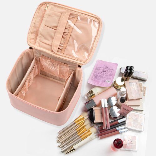 OCHEAL Makeup Bag, Portable Cosmetic Bag, Large Capacity Travel Makeup Case Organizer, Black Makeup Bags For Women Toiletry Bag for Girls Traveling With Handle and Divider-Pink large