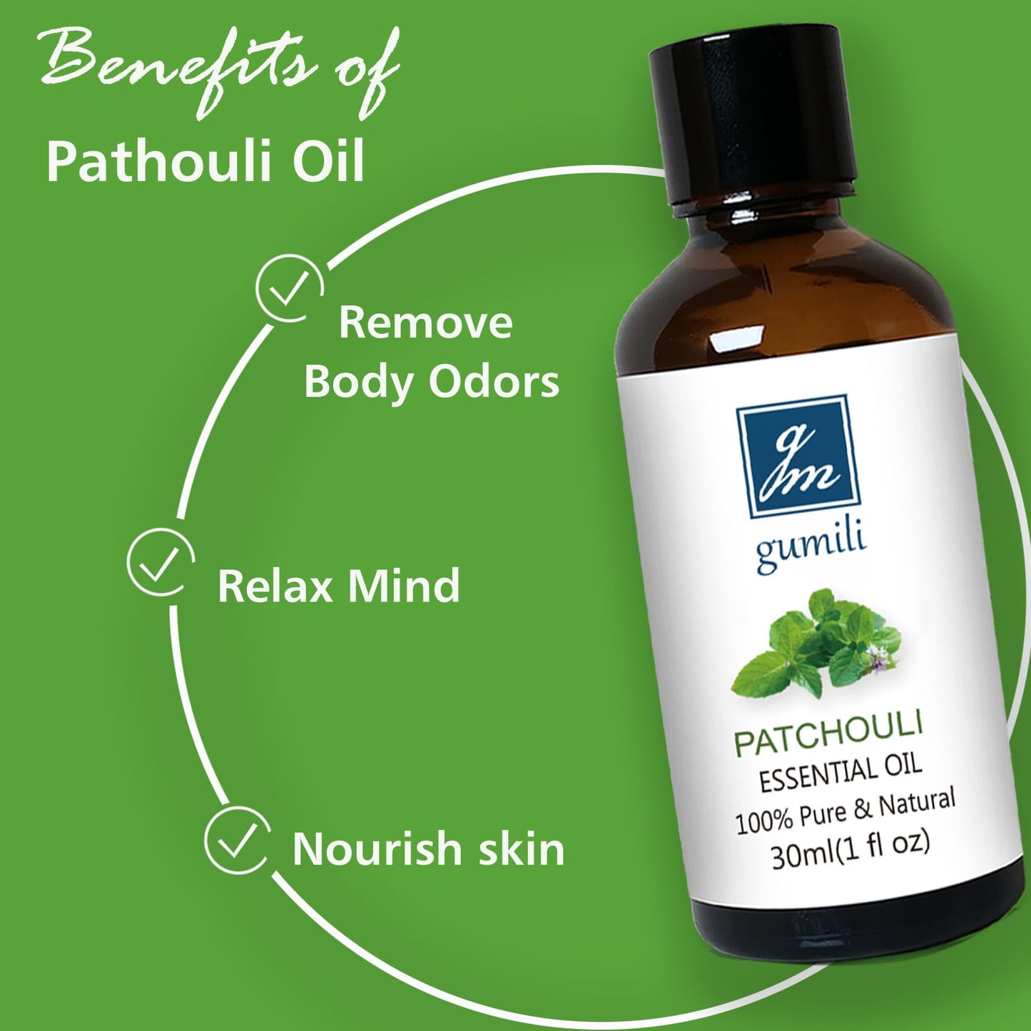 GM Gumili Patchouli Essential Oil 1 Oz, 100% Pure Patchouli Oil for Skin, Diffuser, Perfume & DIY - 30ml