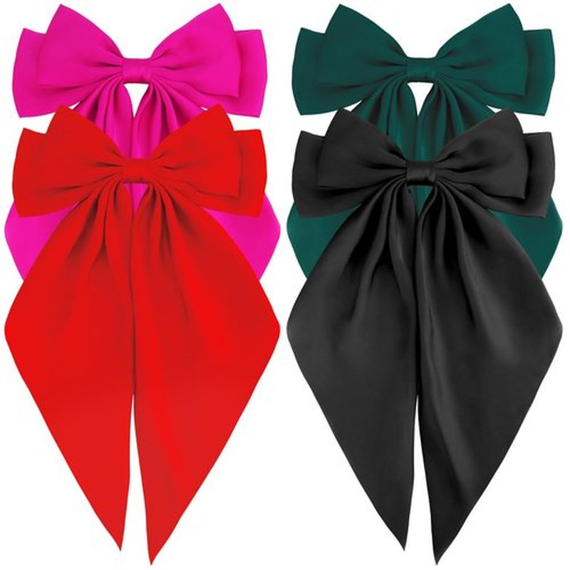 Atoden Hair Bows Silky Satin Bows for Hair Ribbons 4Pcs Coquette Oversized Long Tail Hair Bow Clips Barrettes Big Bowknot Hair Accessories for Women Girl Trendy Stuff Gifts (Red Green Hot Pink Black)