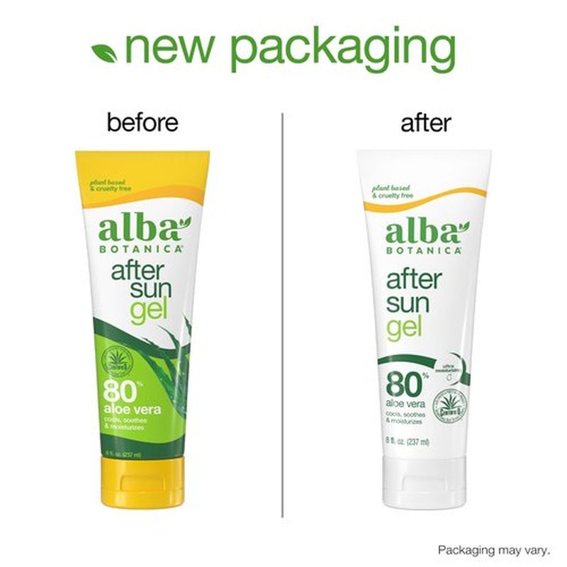 Alba Botanica Aloe Vera Gel for Skin, Cooling After Sun Treatment for Face and Body, Made with Purity Certified 80% Aloe Vera Gel Formula, 8 fl. oz. Tube (Pack of 2)