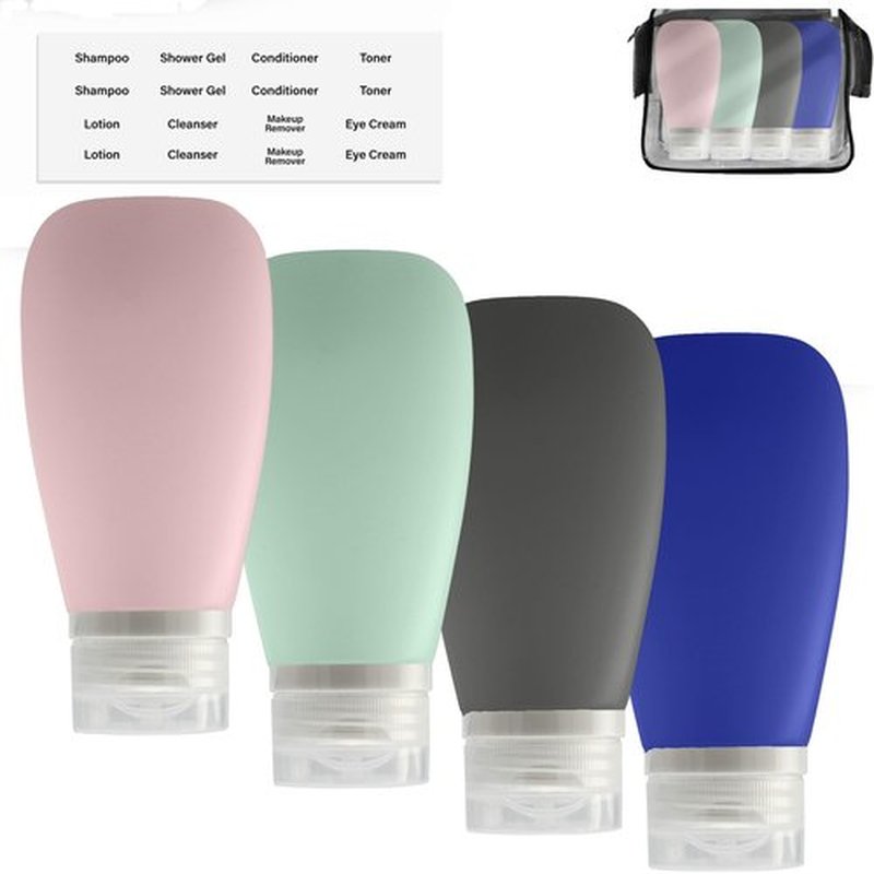 LYOB Travel Bottles for Toiletries, TSA Approved 3oz Leak Proof Silicone Refillable Squeeze Travel Size Containers BPA Free for Cleansers, Lotions, Shampoo 4pk-With Bag (P,G,Blk,BL)