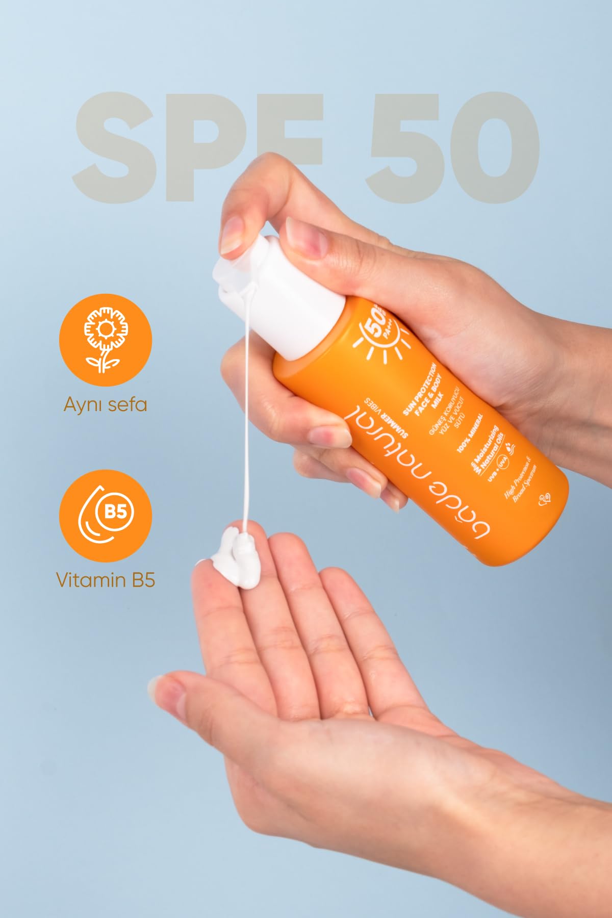 Bade Natural Mineral Sunscreen Milk SPF 50 – Broad Spectrum UVA/UVB Protection for Face & Body with Zinc Oxide, Calendula Oil & Vitamin B5 – 3.38 fl oz