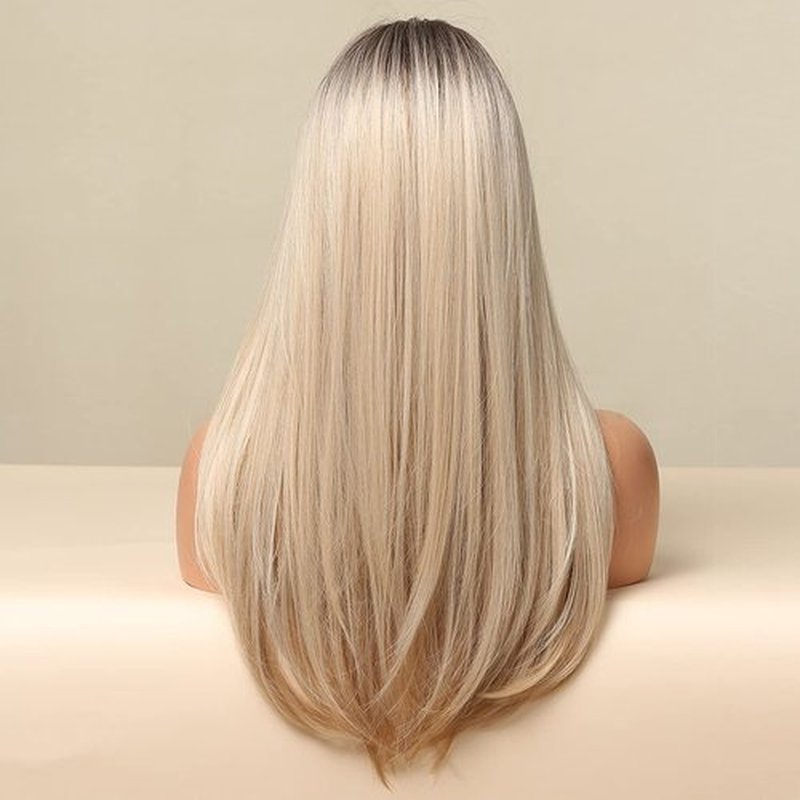 BERON Blonde Ombre Wigs with Bangs Straight Long Hair Wigs Women's Platinum Blonde Heat Resistant Synthetic Natural Looking Wig for Daily Use