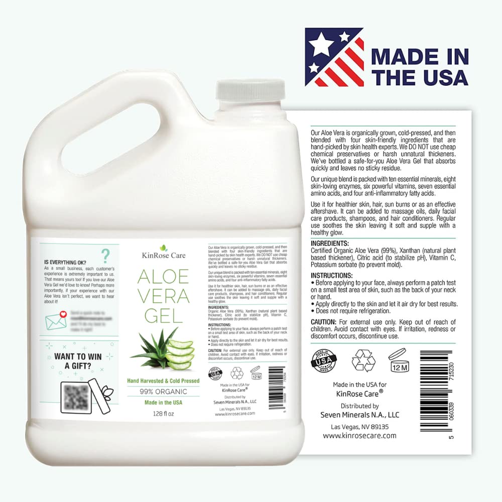 KinRose Care, 128oz Aloe Vera Gel for Face, Skin, Hair & Sunburn Relief - From Pure Organic Aloe Vera - Cold Pressed, Vegan, Unscented - Made in USA.