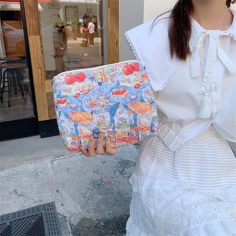 PAZIMIIK Cotton Makeup Bag for Women Large Quilted Travel Cosmetic Pouch Girls' Make Up Organizer,Little Bunny