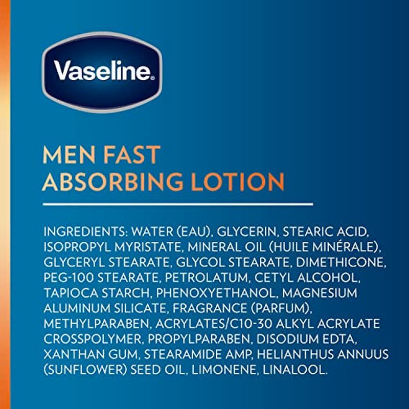 Vaseline Men Fast Absorbing 3-in-1 Face, Hands & Body Lotion for Men, 4 pack For Dry Skin,Absorbs in Just 15 Seconds for Moisturized Skin 20.3 Oz