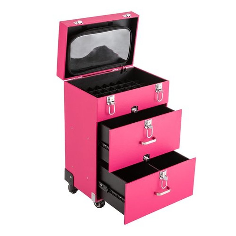 Rolling Makeup Case,Large Cosmetic Trolley with Locks, Professional Rolling Makeup Trolley with with dividers,Large Storage Cosmetic Trolley for Make-Up Artists Hairdressers Nail Technicians (Pink)