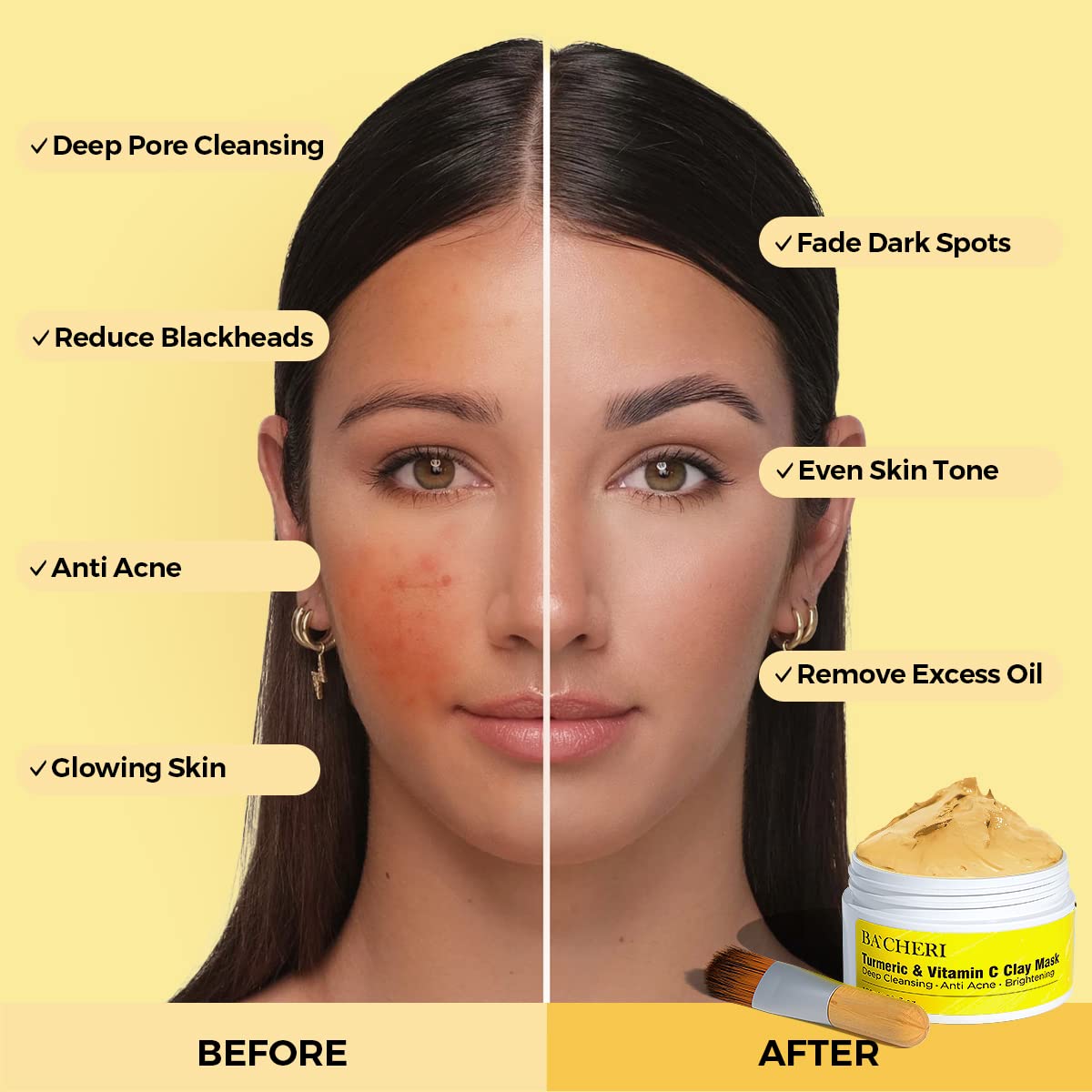 BACHERI Turmeric Vitamin C Clay Mask # 130g, Blackheads Acne Dark Spots Remover with Turmeric Extract, Glowing Skin, Refining Pores and Controlling Oil