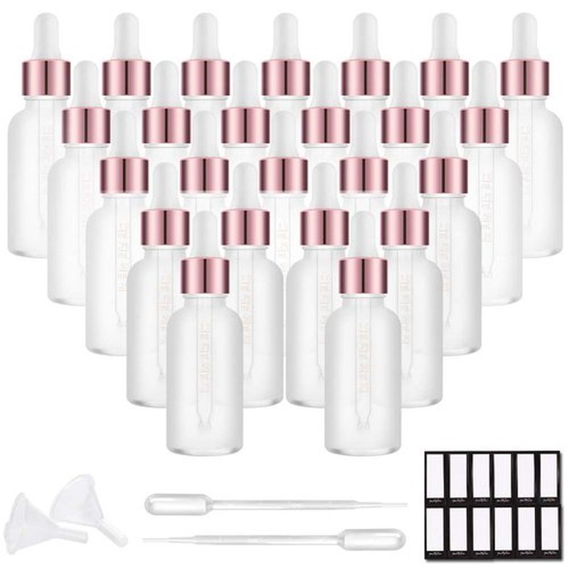 PrettyCare Eye Dropper Bottle 1 oz (24 Pack Frost Rose Glass Bottles 30ml with White and Rose Caps, 48 Labels, Funnel & Measured Pipettes) Empty Tincture Bottles for Essential Oils, Perfume