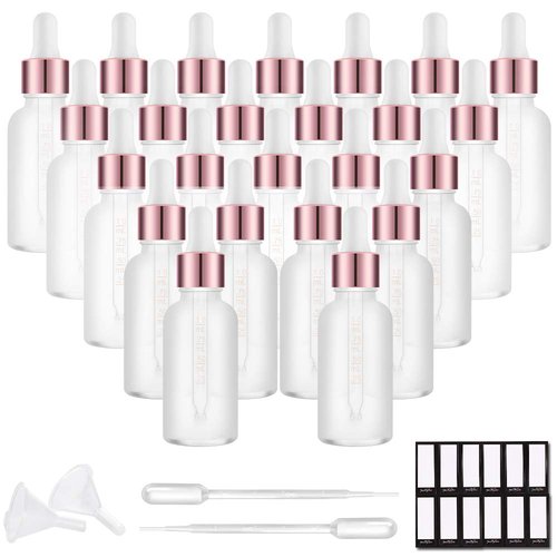 PrettyCare Eye Dropper Bottle 1 oz (24 Pack Frost Rose Glass Bottles 30ml with White and Rose Caps, 48 Labels, Funnel & Measured Pipettes) Empty Tincture Bottles for Essential Oils, Perfume