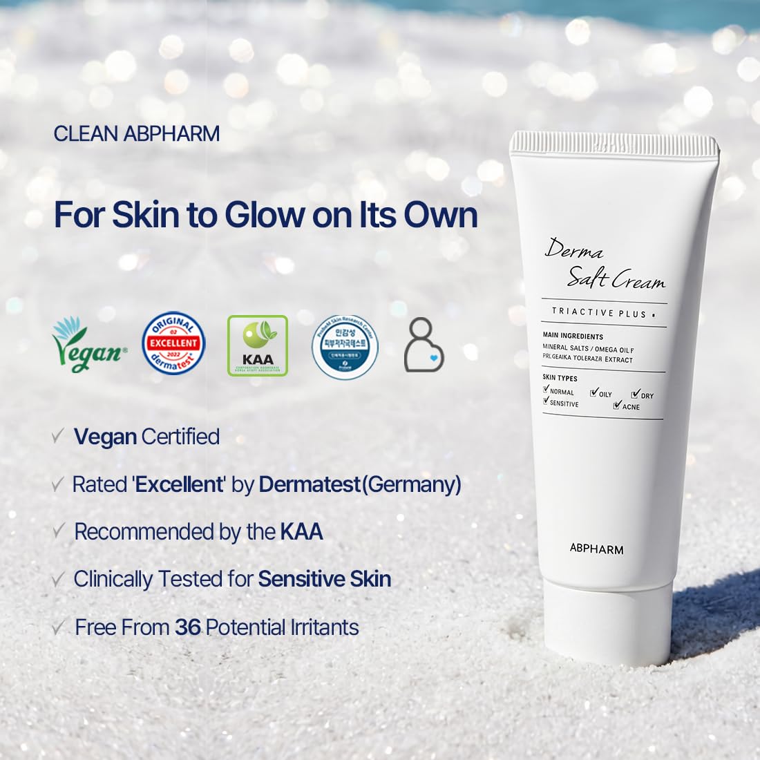 ABPHARM Derma Salt Cream, Long-lasting hydration for up to 150 hours, K - Derma Salt Cream, Clinically tested for sensitive skin, Vegan certified, free from 36 other harmful ingredients