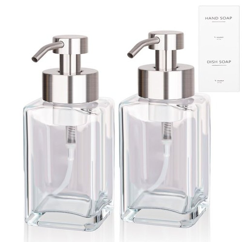 Foaming Soap Dispenser with Stainless Steel Pump, 12oz Refillable Glass Liquid Dish Soap Bottles for Bathroom, Kitchen Sink, Home Decor, 2 Pack