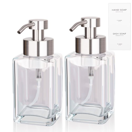 Foaming Soap Dispenser with Stainless Steel Pump, 12oz Refillable Glass Liquid Dish Soap Bottles for Bathroom, Kitchen Sink, Home Decor, 2 Pack
