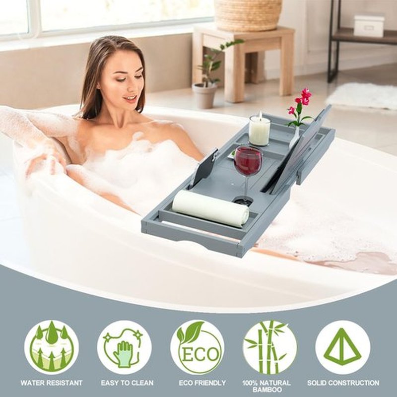 Premium Bamboo Bathtub Caddy Tray - Bath Tray - Bath Tub Tray Table for Bathtub - Bath Caddy Tray for Bathtub, Expandable Size, Fits Most Bath Tubs - Grey