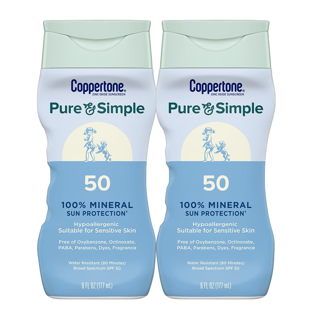 Coppertone Pure and Simple Zinc Oxide Mineral Sunscreen Lotion SPF 50, Water Resistant Sunscreen for Sensitive Skin, Hypoallergenic and Fragrance Free, 6 Fl Oz Bottle, Pack of 2