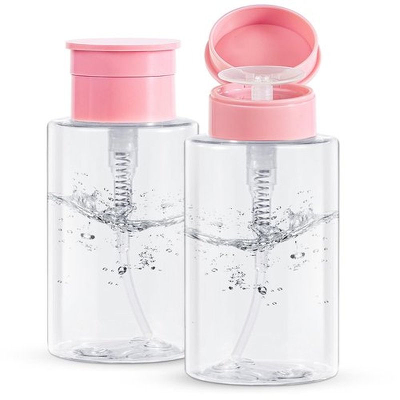 Push Down Pump Dispenser Bottles: Refillable Liquid Containers for Alcohol, Nail Polish Makeup Remover, Salon, Hospital, Travel Use, Pink+Clear