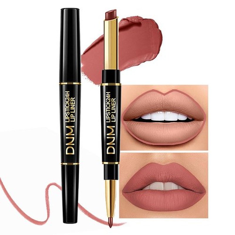 2 in 1 Antique Rose Matte Lip Liner & Lipstick Combination, DNM Metallic Dual Ended Lipstick, Lip Liner, Lip Gloss, 24 Hour all Day Long-Lasting Waterproof Lipliners Pen for Women Lip Makeup Gift 04#