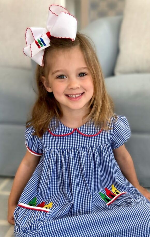 Wee Ones Girls Grosgrain Hair Bow with Red Moonstitch Edge and Crayon Embroidery on a WeeStay Clip with Plain Wrap, King, Crayons Red