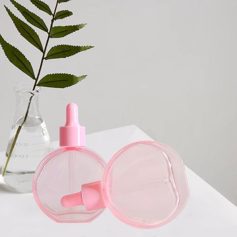 PYAWI 6Pcs, 2 oz Glass Dropper Bottles for Essential Oils ，60ml Pink flat round perfume bottle with Eye Droppers， for Essential Oils, Perfumes, Serums - Leakproof for Travel (A-Pink)
