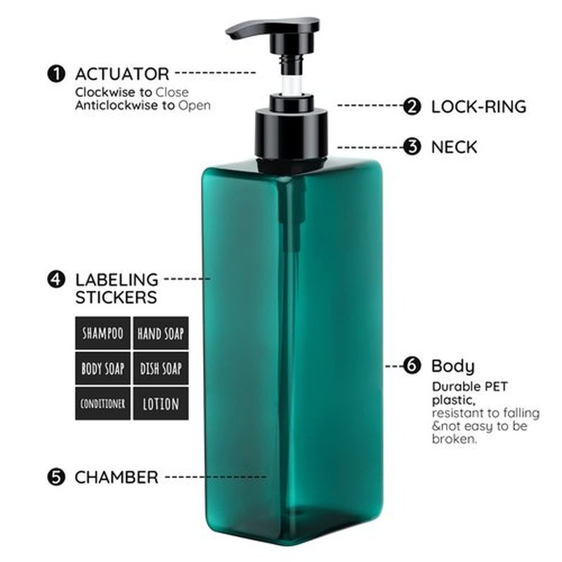 Segbeauty Shampoo Conditioner Bottles, 3pcs 16.9oz 500ml Pump Press Dispenser with Labels, Empty Plastic Refillable Reusable Lotion Body Soap Liquid Soap Gel Bathroom Shower Containers Light Sea Green