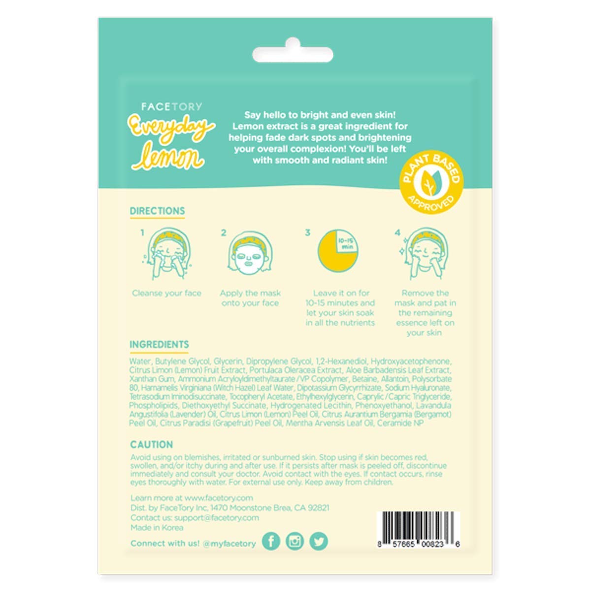 FACETORY K Beauty Face Mask Skin Care - Everyday LEMON Brightening Sheet Mask | Plant-Based with Lemon Extract (5 Pack)