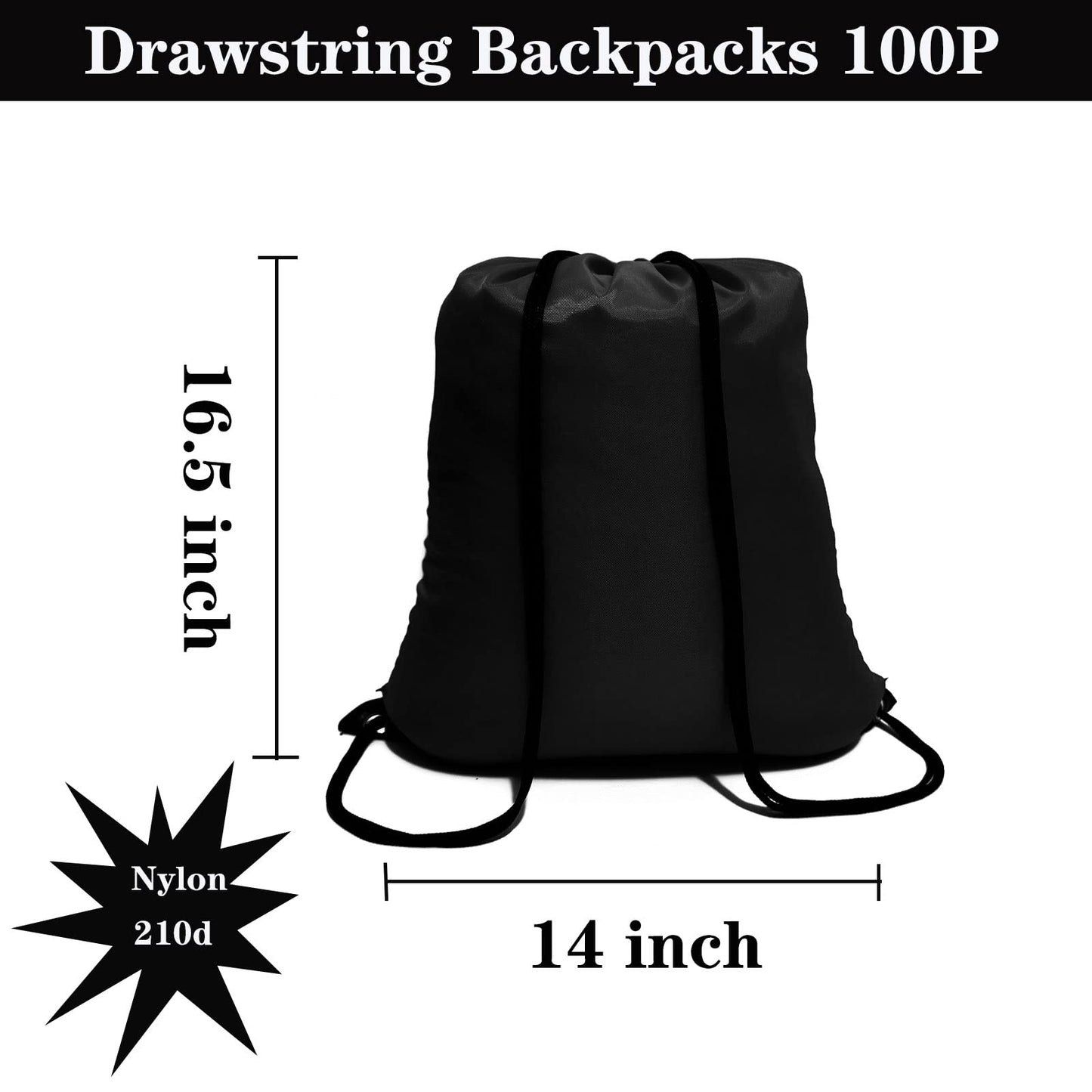 CAIHONG 100 Pack Drawstring Backpack Black Bulk Drawstring Bags Nylon String Backpack Gym Cinch Sack Backpack Sport Bag Draw String Party Bags for Men or Women