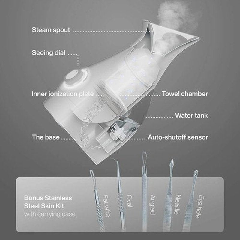 NanoSteamer Large 3-in-1 Nano Ionic Facial Steamer with Precise Temp Control - Humidifier - Unclogs Pores - Blackheads - Spa Quality - Bonus 5 Piece Stainless Steel Skin Kit (Silver)