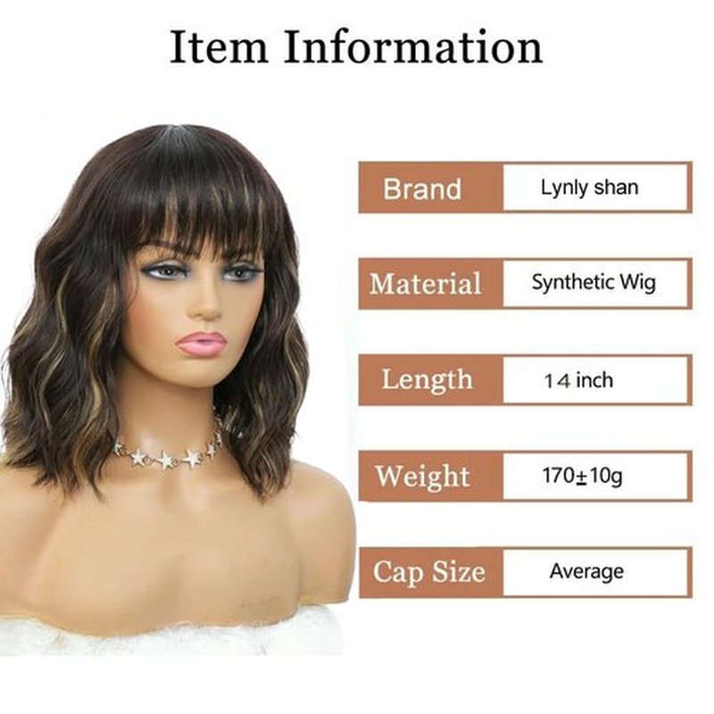 LYNLYSHAN Curly Bob Wig With Air Bangs Natural Wavy Short Bob Wigs Women's Shoulder Length Wigs Synthetic Cosplay for Girl Colorful Wigs(14",Blonde Mixed Black)