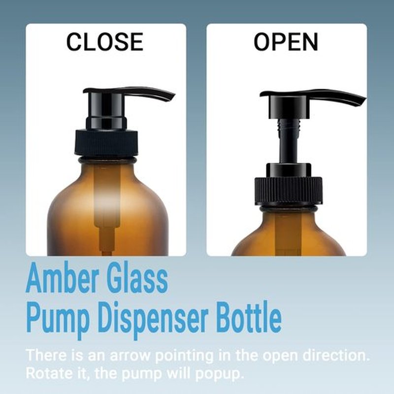 BPFY 4 Pack 8 oz Amber Glass Pump Bottles, Boston Round Bottles with Pumps for Lotion, Soap, Massage Oils, Refillable Containers with Caps