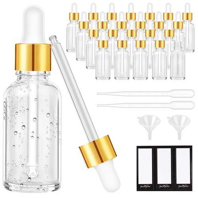 24 Pack 2 Oz Glass Eye Dropper Bottles Clear, 60 ml Empty Tincture Dropper Bottle with droppers, 1 Extra Cap, 2 Plastic Funnels, 2 Pipettes & 48 stickers for DIY Essential Oils, Body Oil, Beauty Oil