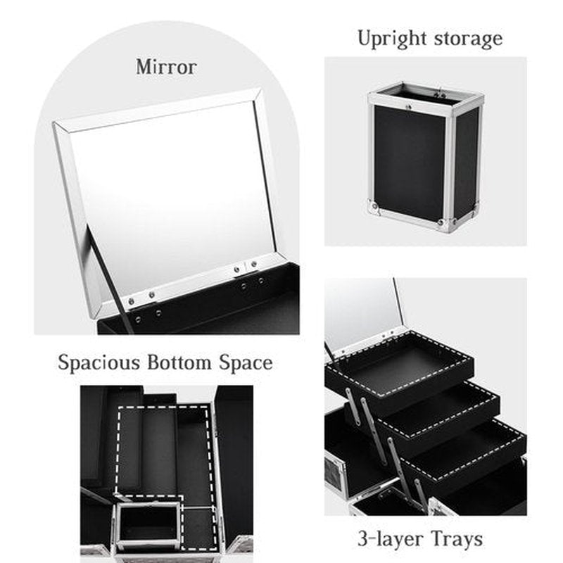Joligrace Makeup Box with Mirror 3-Tray 11.6-Inch Makeup Train Case with Brush Holder Lockable Portable Storage Organizer Large Black