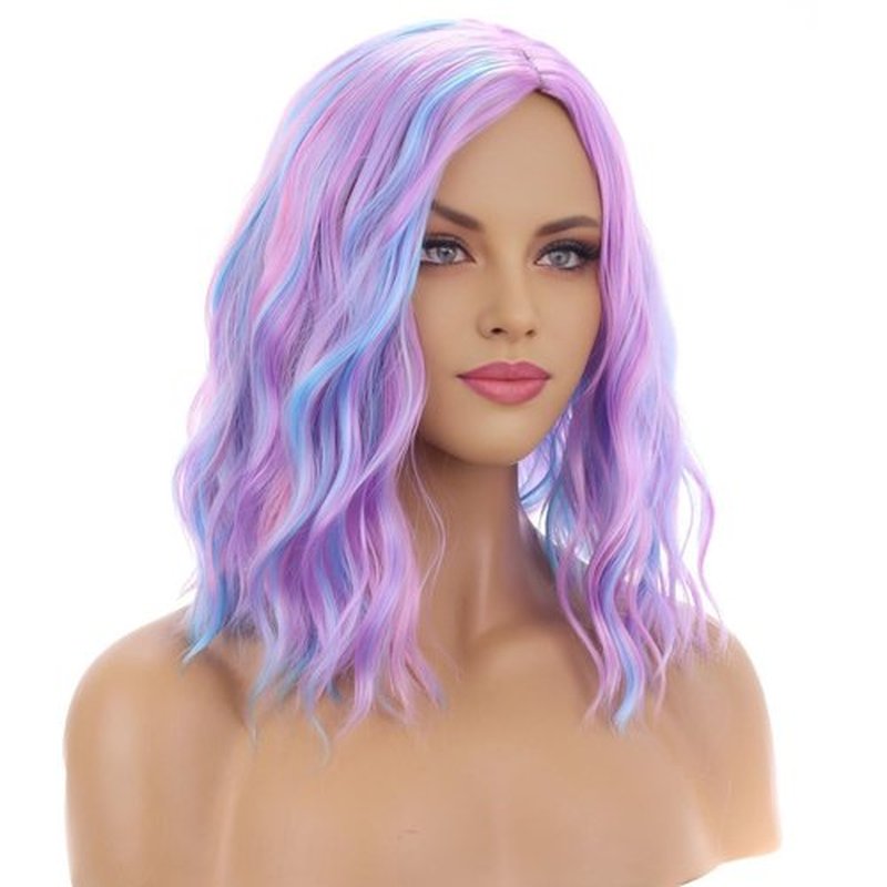 BERON 14 Inches Pink Blue Wig Short Curly Bob Wig Charming Women Girls Beach Wave Wigs for Cosplay Costume Party Wig Cap Included