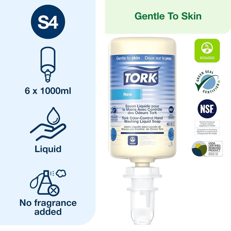 Tork Odor-Control Hand Soap - Gentle, Perfume-Free Liquid Soap | 6 x 1L Bottles Compatible with S4 Dispensers