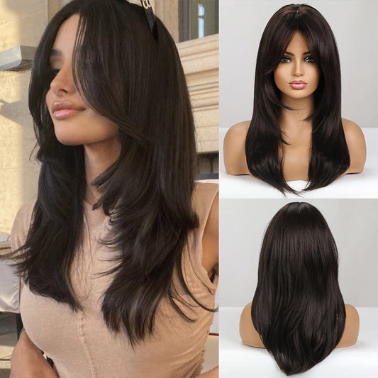 MAGQOO Dark Brown Wigs for Women Long Dark Brown Wig Dark Brown Layered Wig with Bangs Synthetic Heat Resistant