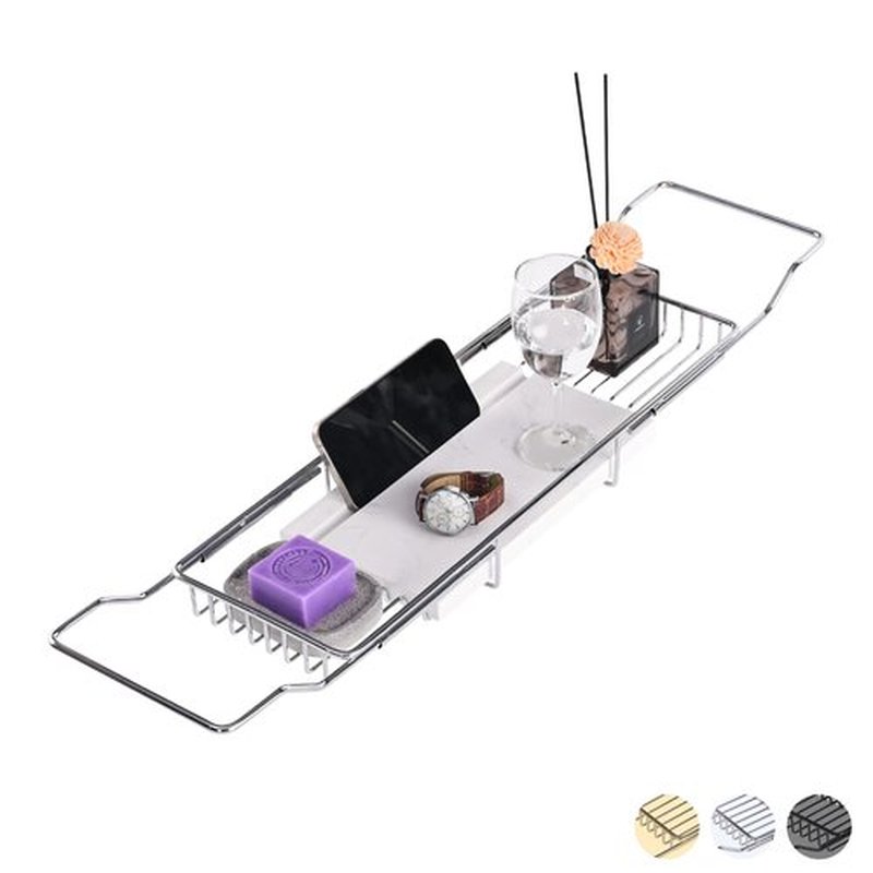 MARBBNEST Bathtub Tray Caddy for Luxury Bath Expandable Extra Wide Bath Tub Tray with Natural Marble Tray and Mobile/Tablet Stand, Ideal for Home Spa Lovers (Chrome + White)