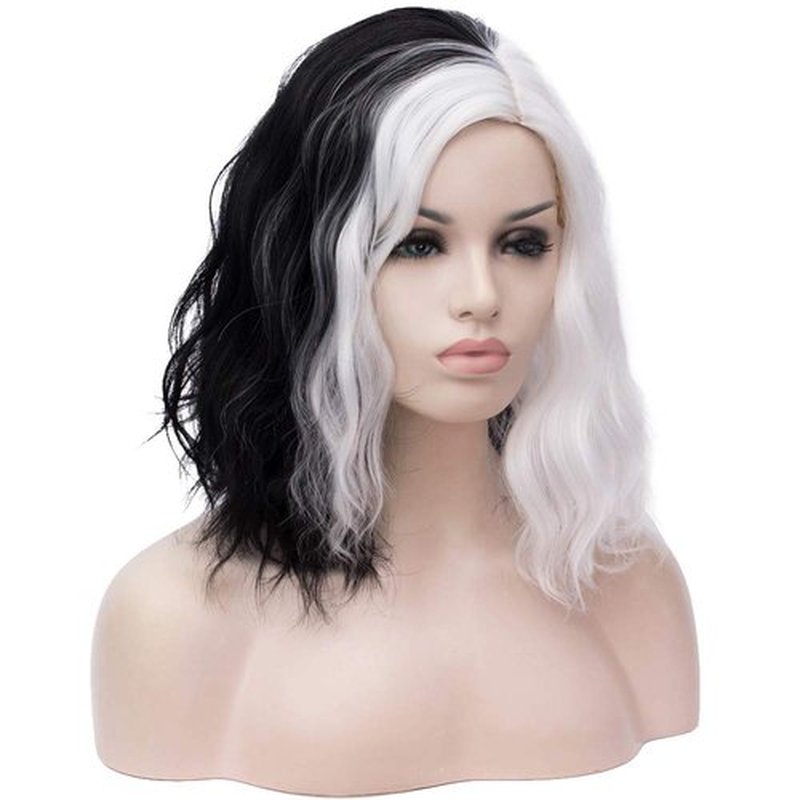 BERON 14" Women Girls Short Curly Bob Wavy Wig Body Wave Halloween Cosplay Costume Daily Party Wigs (Black and White)