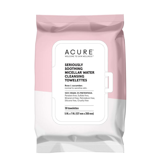 ACURE Micellar Water Towelettes - Soothing Makeup Remover for Sensitive Skin | 100% Vegan | Rose & Cucumber - 1 Pack
