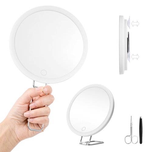 5X Magnifying Mirror with Light, 5X Makeup Magnifying Mirror, 6'' LED Magnifying Mirror Large Lighted Makeup Magnification Mirror with Adjustable Stand & Suction Cups, Compact Travel Magnifying Mirror